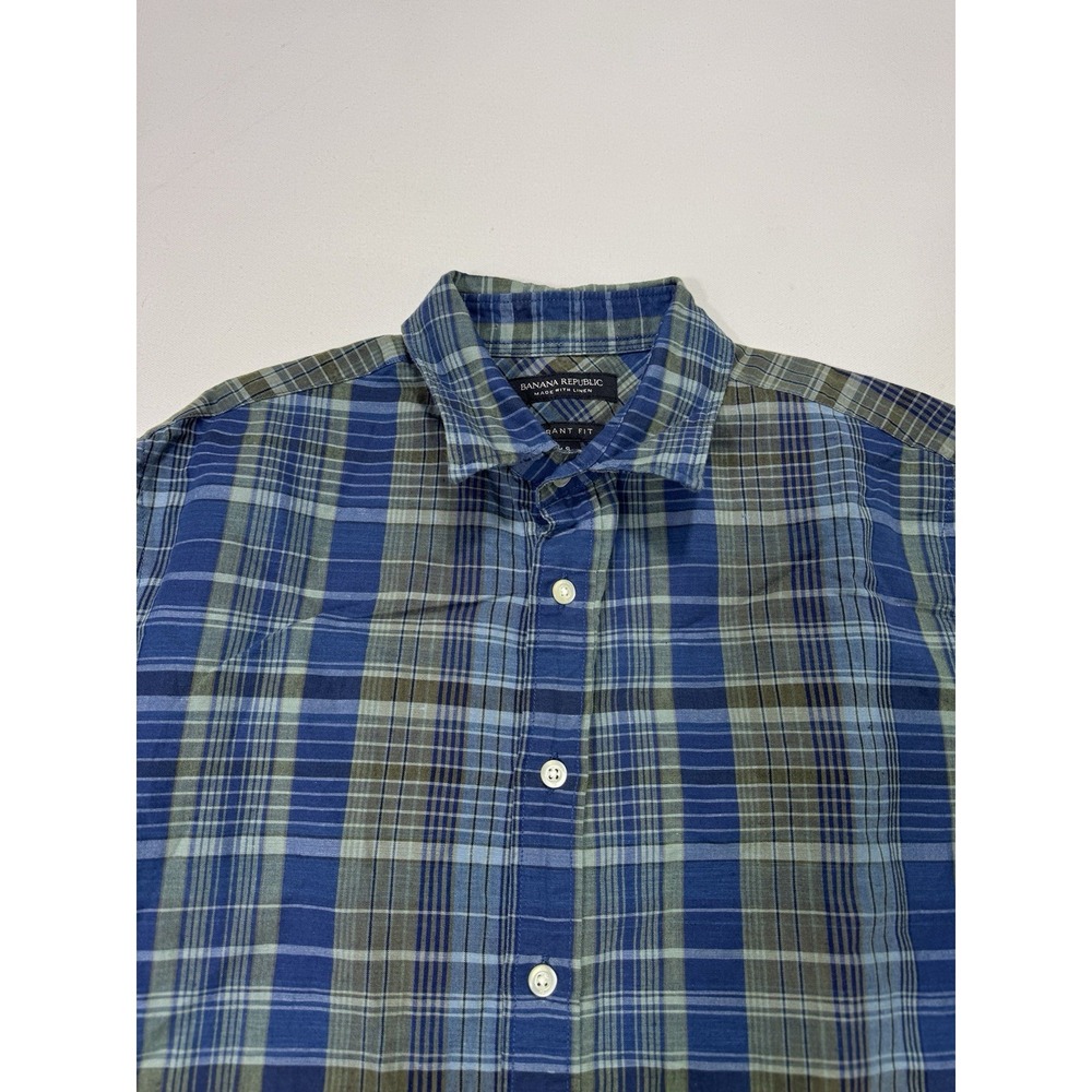 Banana Republic Grant Fit Men's Small Blue Green Plaid Linen Shirt Long Sleeve